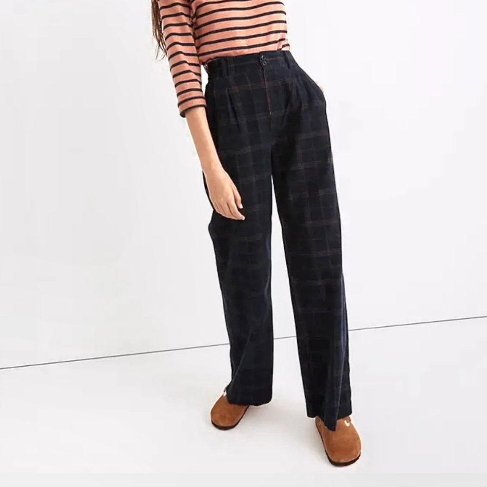 Madewell Pleated Wide Leg Corduroy Pants 0 Navy Plaid